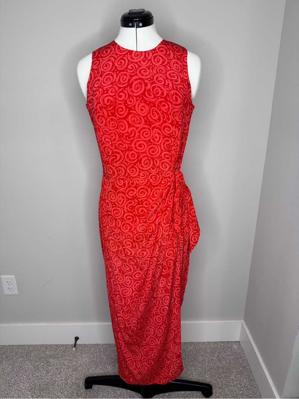 Vtg Spenser Jeremy 100% Silk Red Swirl Print Sleeveless Faux Wrap Midi Dress 10